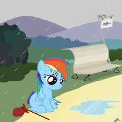 Size: 4002x4000 | Tagged: safe, artist:crimsonlynx97, rainbow dash, pegasus, pony, g4, bench, bindle, cute, female, filly, filly rainbow dash, frown, homeless, puddle, rain, sad, sitting, solo, wet