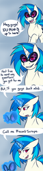 Size: 800x3200 | Tagged: safe, artist:modof10th, dj pon-3, vinyl scratch, pony, unicorn, ask transdjpon-3, g4, comic, goggles, record scrape, smiling, solo, speech bubble, trans vinyl, transgender, tumblr