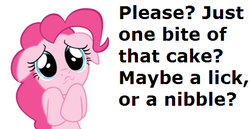 Size: 484x250 | Tagged: safe, pinkie pie, g4, bronybait, cake, cute, female, pouting, puppy dog eyes, sad, solo, text