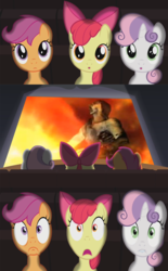 Size: 800x1290 | Tagged: safe, apple bloom, scootaloo, sweetie belle, g4, cinema, cutie mark crusaders, exploitable meme, forest speyer, resident evil, theater, theater meme