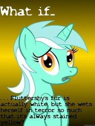 Size: 625x833 | Tagged: safe, fluttershy, lyra heartstrings, pony, unicorn, g4, bipedal, black background, conspiracy lyra, discussion in the comments, exploitable meme, female, gradient background, implied watersports, mare, meme, open mouth, raised hoof, solo, yellow background