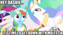 Size: 1920x1080 | Tagged: safe, edit, edited screencap, screencap, princess celestia, rainbow dash, princess molestia, g4, down with molestia, drama, image macro, parody, text