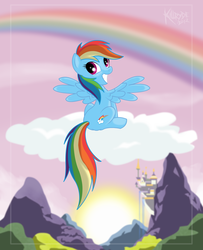 Size: 1624x2000 | Tagged: safe, artist:killryde, rainbow dash, pegasus, pony, g4, canterlot, cloud, female, looking at you, on a cloud, rainbow, sitting, solo