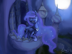 Size: 4000x3000 | Tagged: safe, artist:alumx, princess luna, g4, balcony, female, high res, moon, night, solo