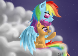 Size: 899x644 | Tagged: safe, artist:robbergon, rainbow dash, scootaloo, g4, cloud, night, stars