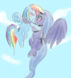 Size: 1164x1280 | Tagged: safe, artist:demongirl1123, princess luna, rainbow dash, g4, blushing, female, flying, lesbian, s1 luna, ship:lunadash, shipping