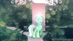 Size: 1920x1080 | Tagged: safe, artist:aztecsoul, lyra heartstrings, g4, bush, irl, lens flare, magic, photo, ponies in real life, solo, tree, vector, walkway, wallpaper