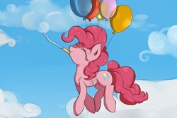 Size: 900x600 | Tagged: safe, artist:zokkili, pinkie pie, g4, balloon, female, flying, party horn, sky, solo, then watch her balloons lift her up to the sky