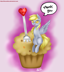 Size: 879x1000 | Tagged: safe, artist:kitsunehino, derpy hooves, pegasus, pony, g4, female, mare, muffin, solo
