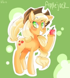 Size: 1573x1748 | Tagged: safe, artist:kazia-kat, applejack, g4, apple, female, obligatory apple, solo, text