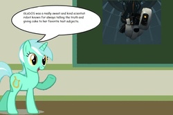 Size: 886x588 | Tagged: safe, lyra heartstrings, pony, unicorn, g4, chalkboard, glados, human studies101 with lyra, meme, portal (valve), the cake is a lie