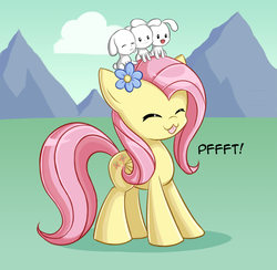 Size: 1200x1171 | Tagged: safe, artist:andrewc691, fluttershy, rabbit, g4, :3, :p, cute, eyes closed, female, flower, flower in hair, raspberry, raspberry noise, shyabetes, solo, tongue out