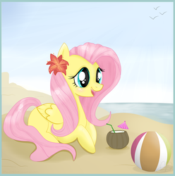 Size: 2168x2186 | Tagged: safe, artist:balloons504, fluttershy, pegasus, pony, g4, beach, beach ball, coconut, coconut cup, drink, female, flower, flower in hair, solo, straw