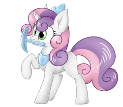 Size: 2300x2000 | Tagged: safe, artist:shyshyoctavia, sweetie belle, pony, unicorn, g4, female, jewelry, minecraft, mouth hold, nose wrinkle, pickaxe, raised hoof, regalia, simple background, smiling, solo, tiara, transparent background