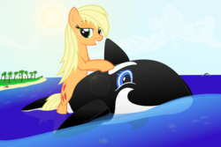 Size: 5550x3700 | Tagged: safe, artist:galekz, applejack, earth pony, orca, pony, g4, absurd resolution, beach, bedroom eyes, female, inflatable, inflatable whale, loose hair, mare, ocean, pool toy, riding, solo, wanna ride?, wet mane