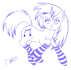 Size: 1229x1209 | Tagged: safe, dj pon-3, vinyl scratch, pony, unicorn, g4, clothes, female, lineart, monochrome, socks, solo, stockings, striped socks, work-in-progress