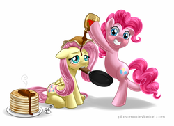 Size: 800x579 | Tagged: safe, artist:pia-sama, fluttershy, pinkie pie, g4, cooking, female, lesbian, messy, mouth hold, pancakes, ship:flutterpie, shipping, syrup