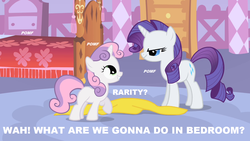 Size: 1280x720 | Tagged: artist needed, safe, edit, edited screencap, screencap, rarity, sweetie belle, pony, unicorn, g4, bed, caption, female, filly, foal, lesbian, mare, pomf, what are we gonna do on the bed?