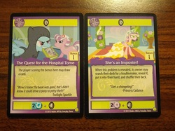 Size: 691x518 | Tagged: safe, nurse sweetheart, queen chrysalis, rainbow dash, changeling, g4, ccg, disguise, disguised changeling, enterplay, fake cadance, mlp trading card game