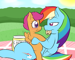 Size: 1000x800 | Tagged: safe, artist:lamia, rainbow dash, scootaloo, pegasus, pony, g4, blushing, cookie, duo, female, filly, foal, lesbian, mare, picnic, pseudoincest, ship:scootadash, shipping