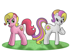 Size: 3118x2448 | Tagged: safe, artist:panickypinky, butter pop (g3), sunny daze (g3), earth pony, pony, g3, g4, duo, duo female, female, g3 to g4, generation leap, mare, simple background, transparent background