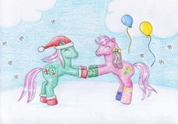 Size: 1024x718 | Tagged: safe, artist:normaleeinsane, minty, pinkie pie, earth pony, pony, g3, g4, balloon, bipedal, bipedal leaning, christmas, clothes, duo, eyes closed, female, hat, holding hooves, holiday, leaning, santa hat, snow, snowfall, socks, traditional art