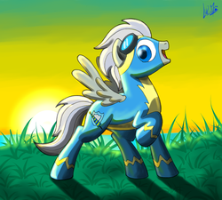 Size: 850x765 | Tagged: safe, artist:chocolatechilla, oc, oc only, pegasus, pony, clothes, goggles, grass, happy, male, ocean, raised hoof, solo, stallion, sun, uniform, wonderbolts uniform