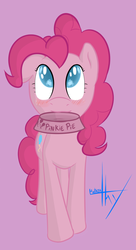 Size: 635x1168 | Tagged: safe, artist:mostazathy, pinkie pie, g4, behaving like a dog, blushing, bowl, cute, female, floppy ears, looking up, mouth hold, pet, puppy pie, smiling, solo