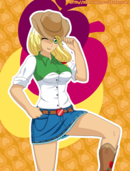 Size: 950x1250 | Tagged: safe, artist:zantyarz, applejack, equestria girls, g4, adorasexy, belt, breasts, busty applejack, clothes, cowboy hat, cute, denim skirt, female, hat, hat tip, sexy, skirt, smiling, solo, stetson, wink