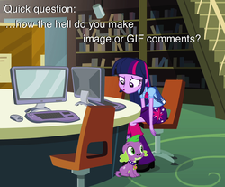 Size: 1035x859 | Tagged: safe, spike, twilight sparkle, dog, equestria girls, g4, my little pony equestria girls, computer, meta, question, spike the dog, text