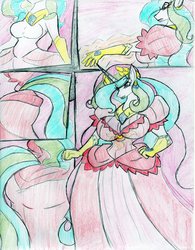 Size: 1024x1316 | Tagged: safe, artist:da-fuze, princess celestia, anthro, g4, breasts, busty princess celestia, clothes, comic, dress, female, floral head wreath, laurel wreath, pony to anthro, transformation