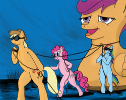 Size: 751x600 | Tagged: safe, applejack, pinkie pie, rainbow dash, scootaloo, pony, g4, band, bipedal, chickun, exploitable meme, meme, primus