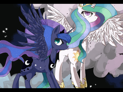 Size: 800x600 | Tagged: safe, artist:dreishzu, princess celestia, princess luna, g4, colored pupils, duo, letterboxing, rear view, royal sisters, siblings, side view, sisters, spread wings, wings