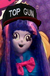 Size: 229x351 | Tagged: safe, edit, twilight sparkle, equestria girls, g4, abomination, animegao kigurumi, baseball cap, hat, peruvian nightmare squad, top gun