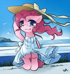 Size: 3600x3800 | Tagged: dead source, safe, artist:surgicalarts, pinkie pie, earth pony, pony, semi-anthro, :3, bipedal, blushing, clothes, colored pupils, cute, diapinkes, dress, female, floppy ears, hat, lidded eyes, looking at you, mare, shy smile, smiling, solo, sun hat, sundress, windswept mane