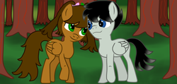 Size: 1280x608 | Tagged: safe, artist:emerald rush, oc, oc only, oc:emerald rush, pegasus, pony, chadster image, couple, forest, snuggling