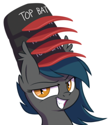 Size: 987x1101 | Tagged: safe, artist:equestria-prevails, oc, oc only, oc:speck, bat pony, pony, baseball cap, female, grin, hat, hatception, looking at you, mare, pile, simple background, solo, top bat, top gun, top gun hat, towering pillar of hats, transparent background