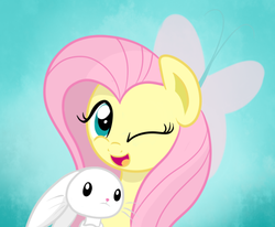 Size: 653x538 | Tagged: safe, artist:fluttershyfree, angel bunny, fluttershy, pony, rabbit, g4, animal, bust, cute, duo, one eye closed, open mouth, portrait, shyabetes, wink