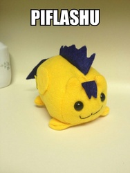 Size: 774x1032 | Tagged: artist needed, safe, flash sentry, pikachu, g4, irl, meme, photo, plushie, ponyloaf, solo