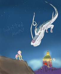Size: 900x1100 | Tagged: safe, fluttershy, dragon, eastern dragon, pegasus, pony, g4, crossover, duo, female, haku, low angle, male, mare, spirited away, studio ghibli