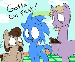 Size: 1200x1000 | Tagged: safe, artist:strangerdanger, oc, oc:sonic dash, ask cookie and brann, cake, food, gotta go fast, ponified, sonic the hedgehog, sonic the hedgehog (series)