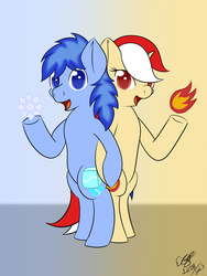 Size: 3000x4000 | Tagged: safe, artist:icy wings, oc, oc only, oc:flaria star, oc:icy wings, pony, bipedal, fire, high res, ice