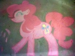 Size: 1024x765 | Tagged: safe, pinkie pie, earth pony, pony, g4, chalk, chalk art, chalk drawing, eyes closed, female, mare, photo, raised hoof, smiling, solo, traditional art