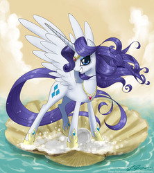 Size: 1200x1350 | Tagged: safe, artist:johnjoseco, rarity, alicorn, pony, g4, alicornified, beautiful, bedroom eyes, clam, female, grin, happy, jewelry, looking at you, necklace, ocean, pearl, race swap, raricorn, seashell, smiling, smirk, solo, sparkles, the birth of venus