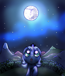 Size: 1200x1400 | Tagged: safe, artist:nedemai, princess luna, alicorn, pony, g4, :o, female, filly, looking up, mare in the moon, moon, night, open mouth, scenery, solo, woona