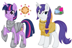 Size: 1095x730 | Tagged: safe, artist:crowmagnon, rarity, twilight sparkle, pony, unicorn, g4, alternate hairstyle, alternate universe, armor, duo, duo female, female, mare, raised hoof, simple background, transparent background, unicorn twilight