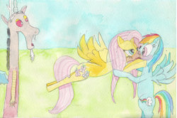 Size: 1024x679 | Tagged: safe, discord, fluttershy, rainbow dash, draconequus, pegasus, pony, g4, and then discord was a man, blushing, female, kissing, lesbian, lesbian in front of boys, male, mare, ship:flutterdash, shipping, shocked, traditional art, trio