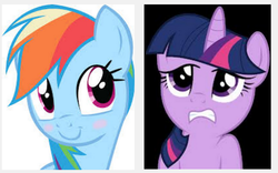 Size: 500x311 | Tagged: safe, rainbow dash, twilight sparkle, pegasus, pony, unicorn, g4, blushing, bust, female, mare