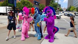 Size: 1280x721 | Tagged: safe, artist:judhudson, pinkie pie, rainbow dash, twilight sparkle, human, g4, cosplay, fursuit, irl, irl human, photo