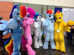 Size: 960x720 | Tagged: safe, artist:judhudson, dj pon-3, pinkie pie, rainbow dash, spitfire, vinyl scratch, human, bronycon, g4, cosplay, fursuit, irl, irl human, photo